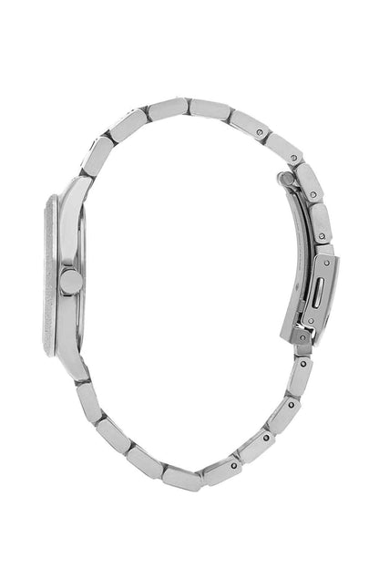 Lee Cooper silver-tone watch case and link bracelet, side view with crown