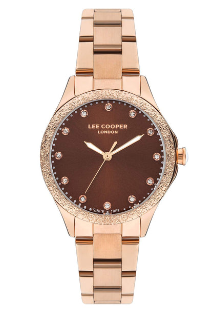 Lee Cooper rose gold-tone analog wristwatch, brown dial with crystal bezel