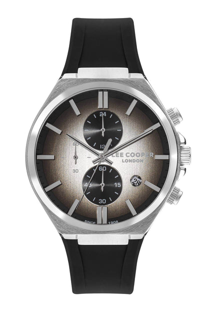 Lee Cooper black silicone wristwatch, silver case, analog dial with three subdials