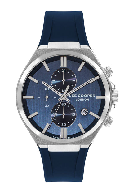 Lee Cooper blue dial wristwatch with silver case, three subdials, blue silicone strap