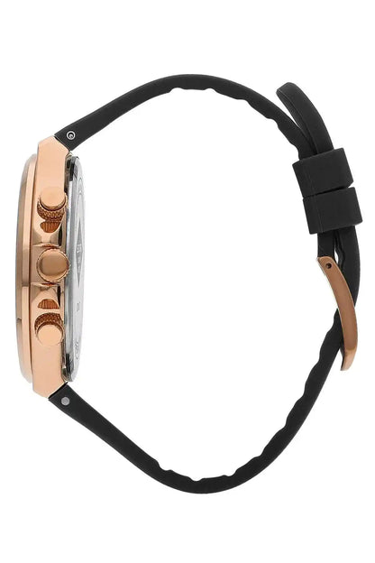 Lee Cooper rose-gold watch case with black silicone strap and buckle, side view