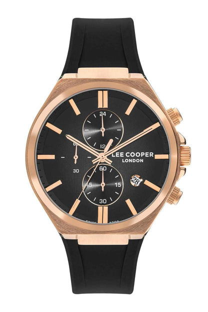 Lee Cooper black dial wristwatch with rose-gold case and black silicone strap