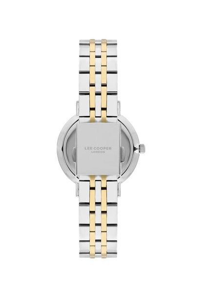 Two-tone wristwatch back view with brand on caseback and silver/gold link bracelet