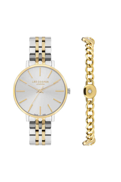 Lee Cooper two-tone wristwatch with silver dial, gold bars, and link bracelet