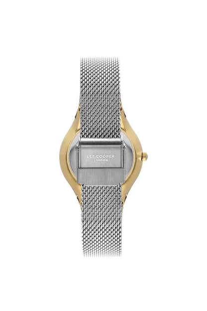 Lee Cooper wristwatch clasp view with silver mesh band and gold-tone buckle