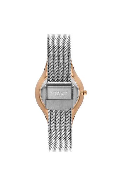 Lee Cooper watch clasp view on silver mesh strap with rose-gold case back