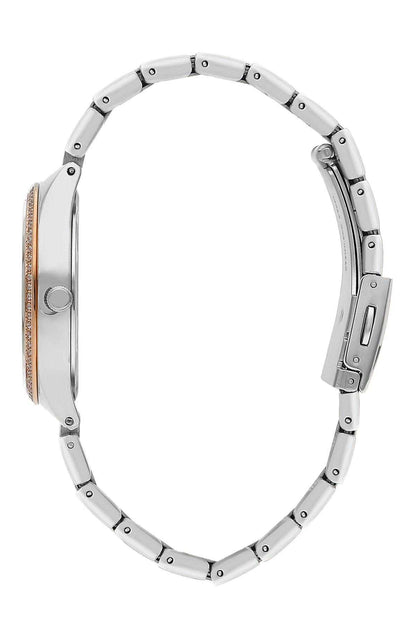 Lee Cooper silver metal watch with rose-gold side detail and link bracelet, crown visible