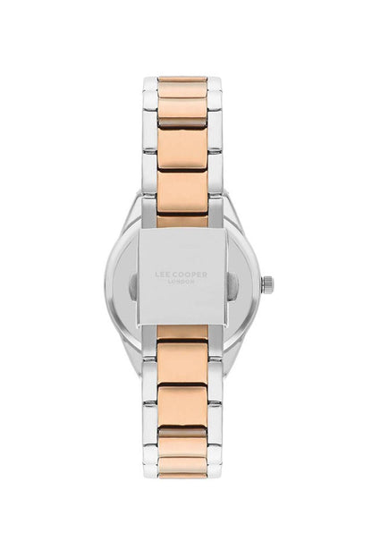 Lee Cooper silver watch with rose-gold center links and crown, top view