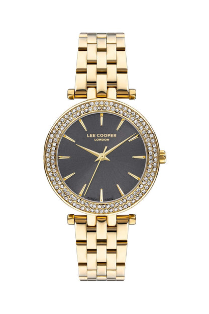 Lee Cooper gold-tone wristwatch with crystal bezel and black dial