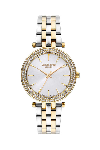 Lee Cooper two-tone round wristwatch with white dial and jeweled bezel