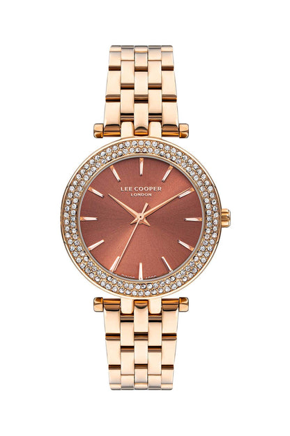 Lee Cooper rose gold metal bracelet watch, round bezel with rhinestone border