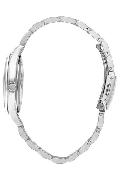 Lee Cooper silver metal wristwatch, side view of round case and clasp