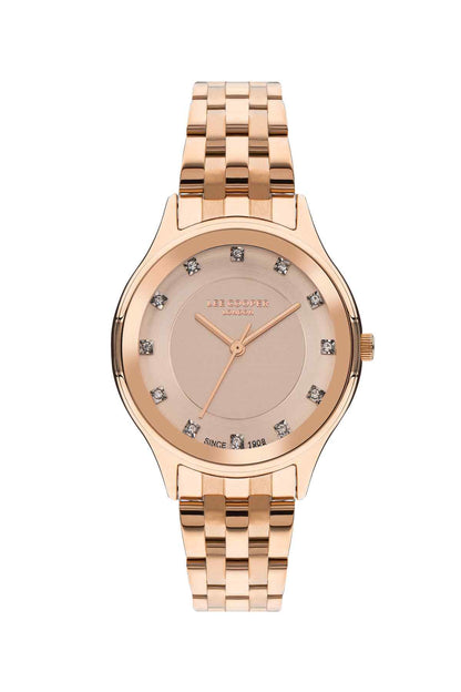 Rose gold wristwatch with stone bezel, round beige dial, metal link bracelet