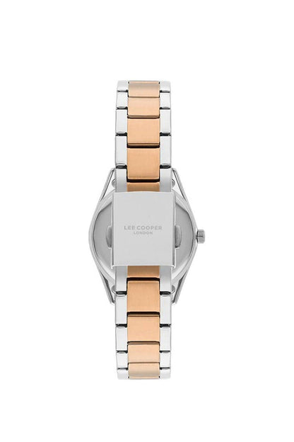 Two-tone analog wristwatch with rose-gold center links and metal bracelet