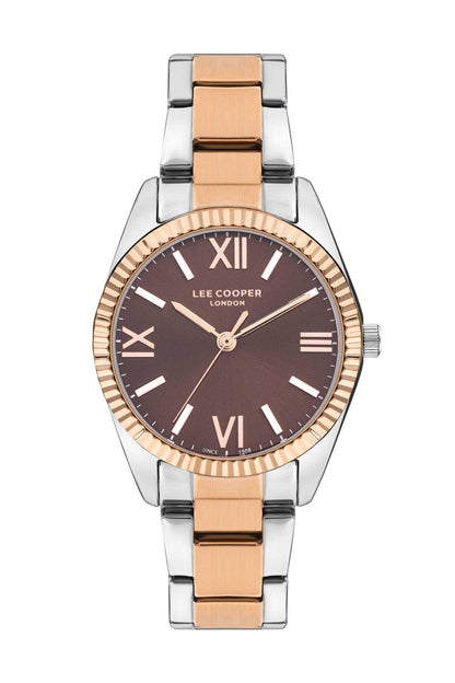 Two-tone analog wristwatch with dark dial, Roman numerals, rose-gold bezel, metal bracelet