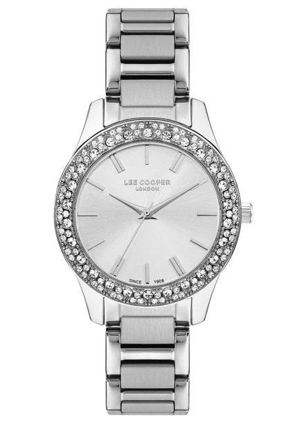 Silver Lee Cooper wristwatch with rhinestone bezel and three-hand dial
