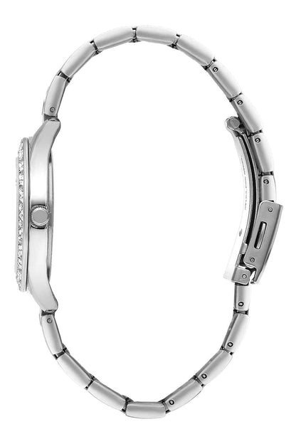 Lee Cooper wristwatch side view with silver metal case, crown and link bracelet