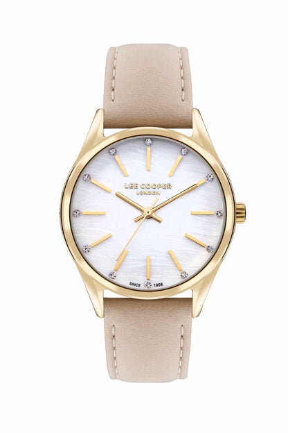 Lee Cooper gold watch with beige leather strap and white dial with slim hour markers