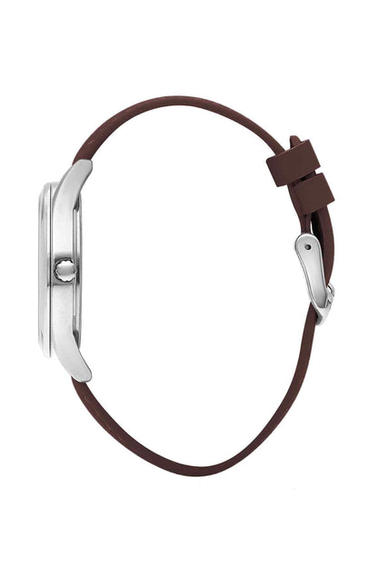 Wristwatch side view with silver case and brown leather strap, visible crown