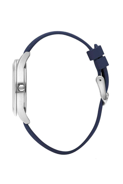 Analog wristwatch side view with silver case and navy leather strap with buckle