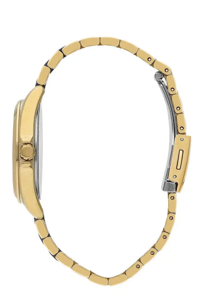 Gold-tone wristwatch side view with metal links and crown detail