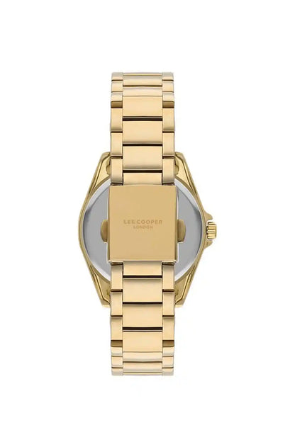 Gold-tone wristwatch back view with clasp and bracelet links