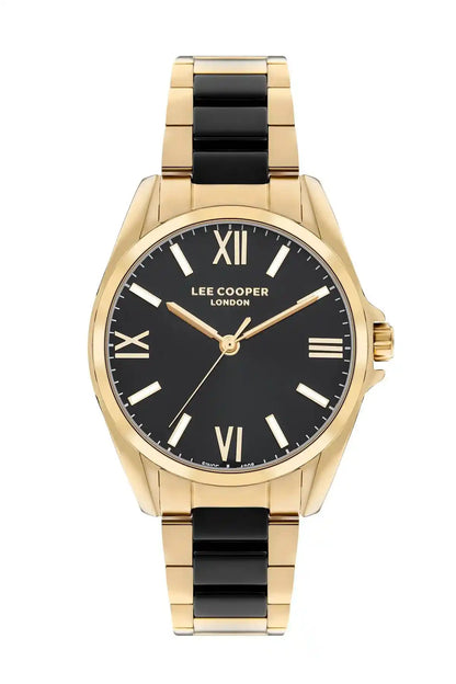 Gold-tone wristwatch with black dial, Roman numerals, and metal bracelet