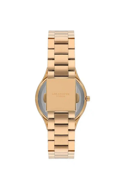 Rose gold Lee Cooper wristwatch clasp and bracelet detail, round case