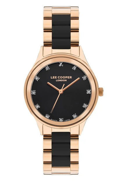 Lee Cooper rose gold wristwatch with black dial and linked metal bracelet, round case