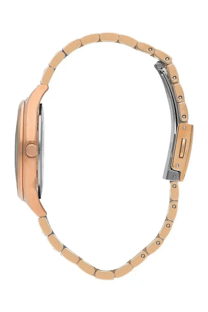 Lee Cooper rose gold watch side view with linked metal bracelet and crown