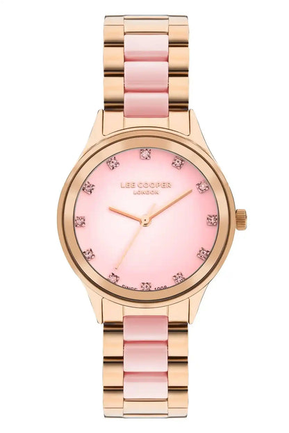 Lee Cooper rose gold wristwatch with pink dial and gem hour markers, bracelet strap