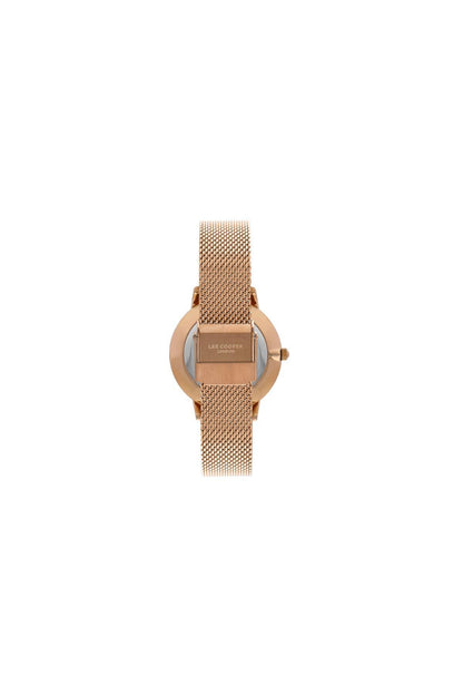 Lee Cooper rose gold watch side profile with clasp on metal mesh bracelet