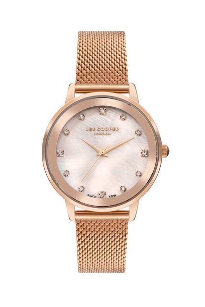Lee Cooper rose gold watch with sunray dial, crystal markers, mesh bracelet strap