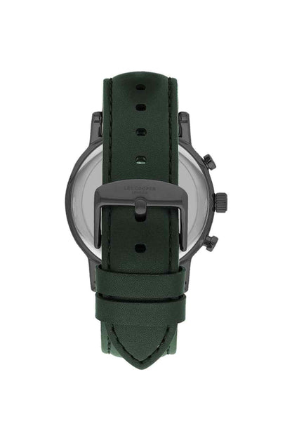 Green leather wristwatch with dark green band and silver buckle clasp