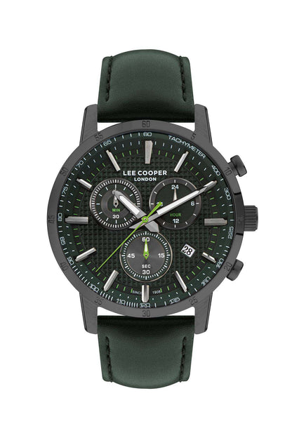 Lee Cooper green chronograph wristwatch with black dial and green leather strap