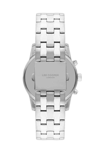 Lee Cooper silver metal wristwatch with logo on clasp, rear angle
