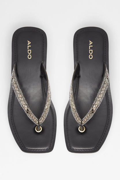 ALDO logo black thong sandals, patterned V strap with gold bead