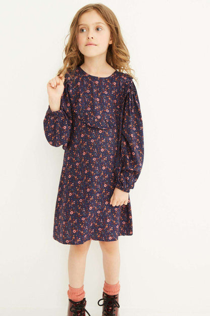 Navy floral long-sleeve dress with round neck and gathered bodice