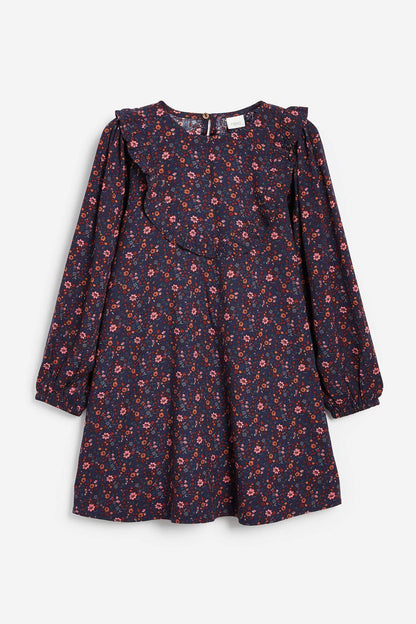 Navy floral long-sleeve dress, front with round neck and pleated skirt