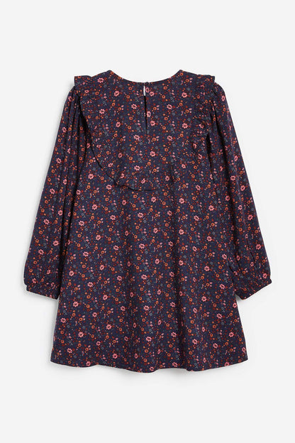 Navy floral long-sleeve dress, back with keyhole button opening