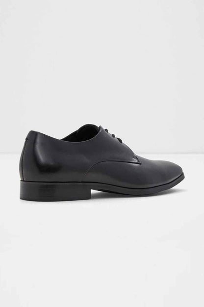 Black leather lace-up oxford shoes, front view, low block heel