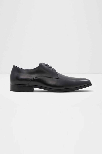Black leather lace-up oxford shoes, rounded toe, low block heel