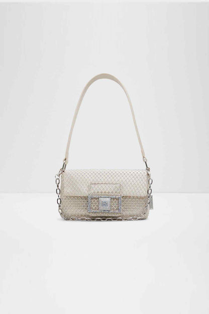 Medium beige woven mini shoulder bag with flap, chain strap and top handle