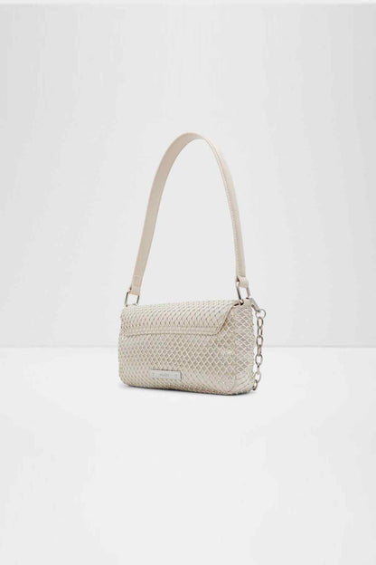 Medium beige woven mini shoulder bag, side view with chain strap and top handle