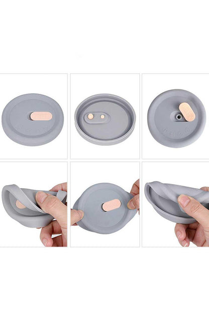 Grey silicone breast pump cap shown in use, with beige valve insert