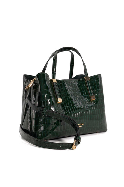 Dark green croc-embossed handbag with side profile, top handles, and shoulder strap