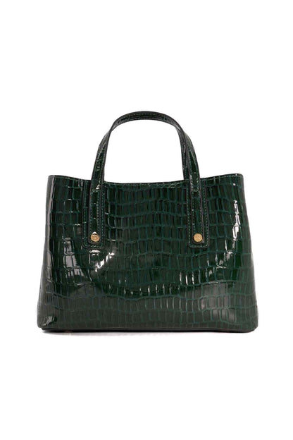 Dark green croc-embossed tote handbag with top handles and gold hardware