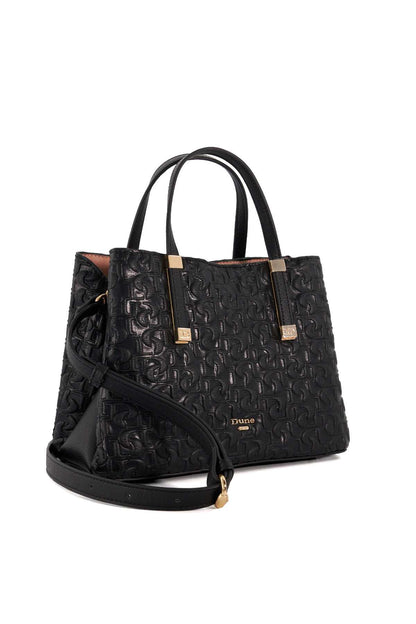 Black embossed logo tote bag with shoulder strap and gold hardware, side view