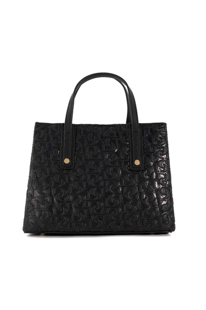 Black embossed logo tote bag with two top handles and gold hardware