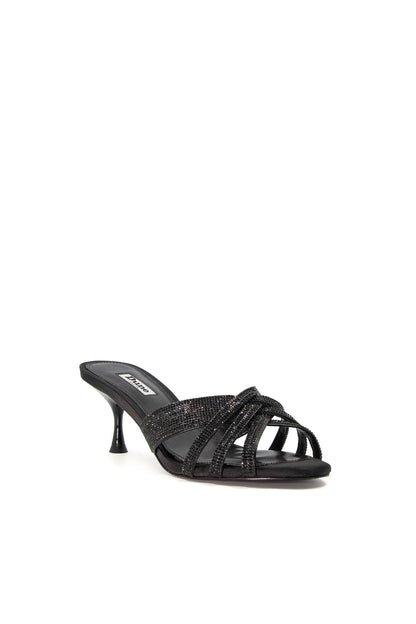 Dune London black slide heeled sandal with crisscross straps and stiletto heel